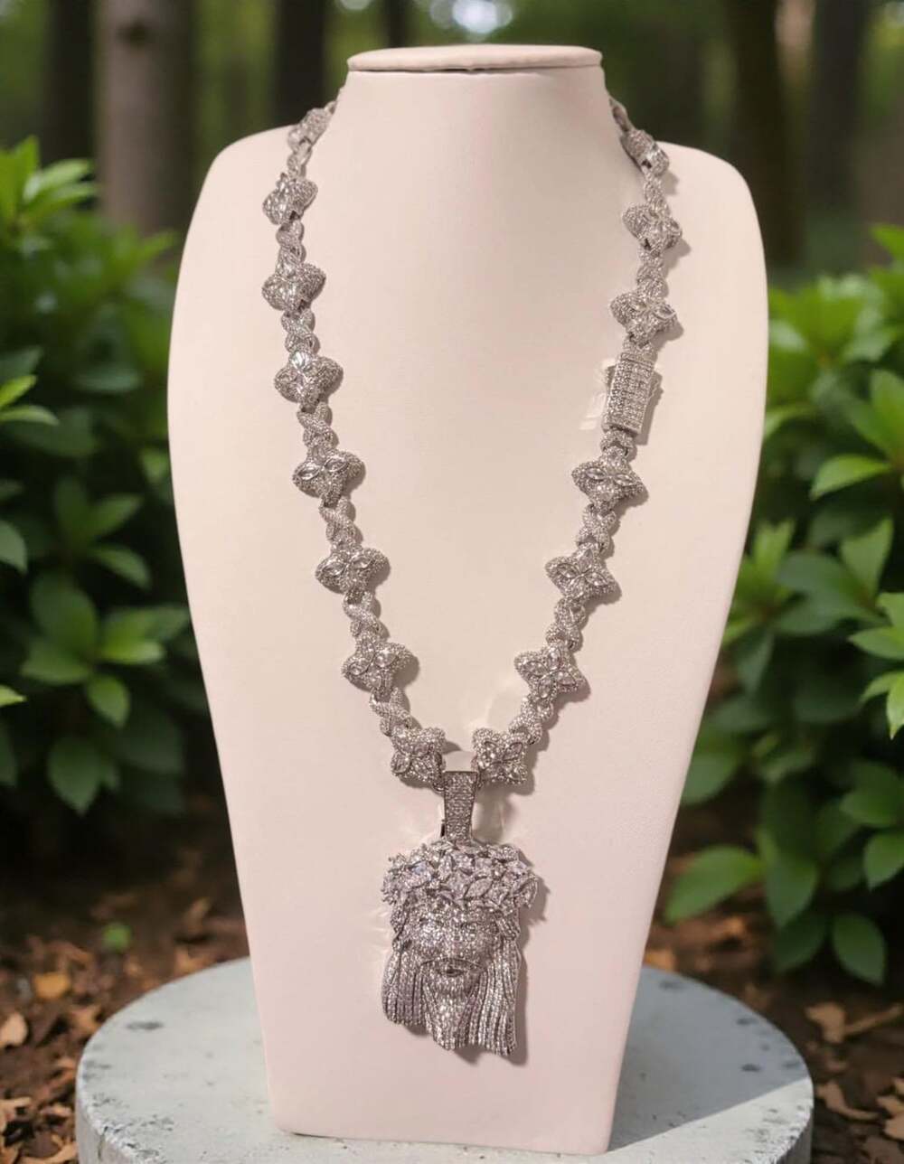 Iced Out Jesus Pendant & Clover Necklace 20”